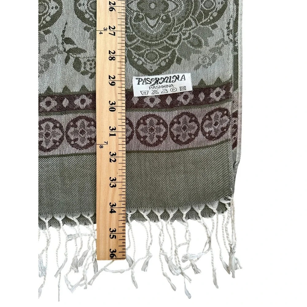 Whimsygoth Boho Pashmina Paisley Shawl Olive Brown Oversized Fringe Scarf 72